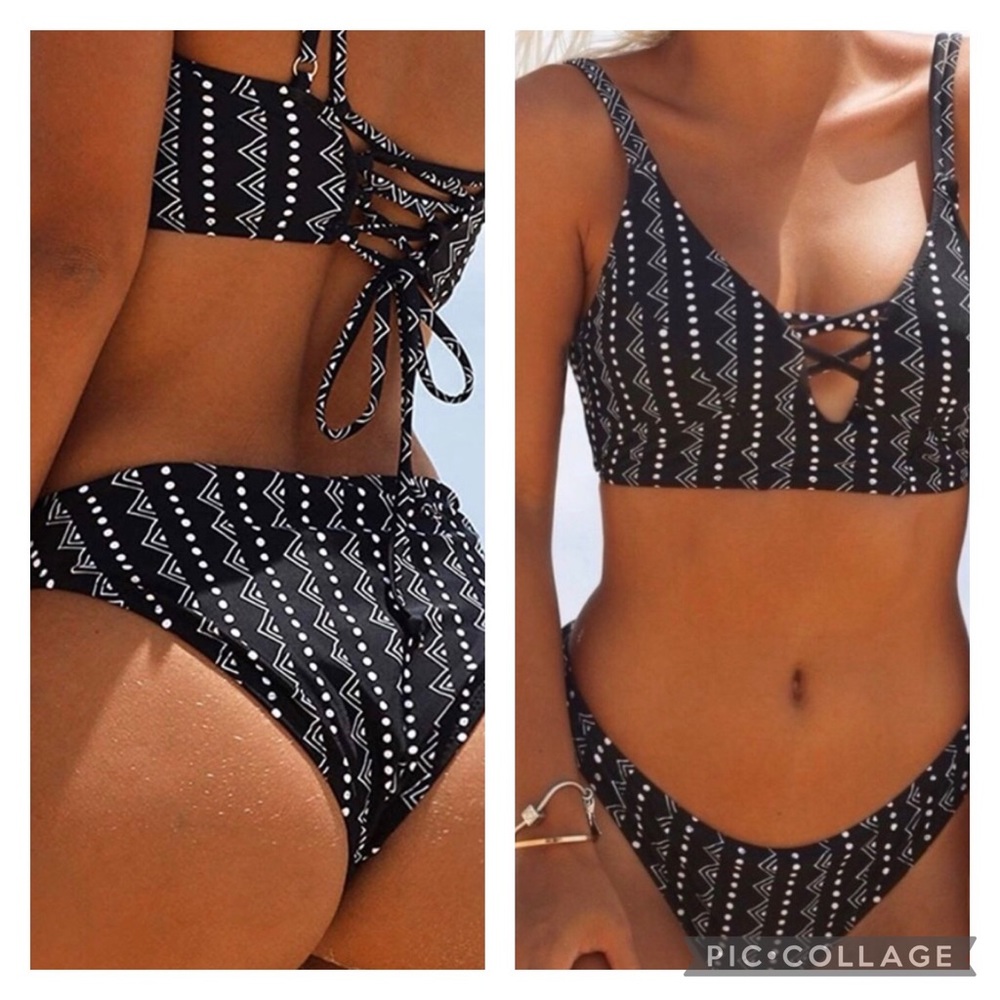 Cupshe Black White Aztec Dot Print Strappy Criss Cross Cheeky Bikini Size Small